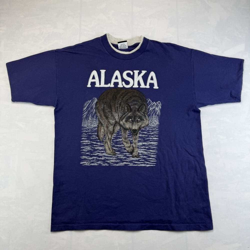 Vintage Alaska Wolf Ringer Tee USA Made Single Stitch Graphic XL